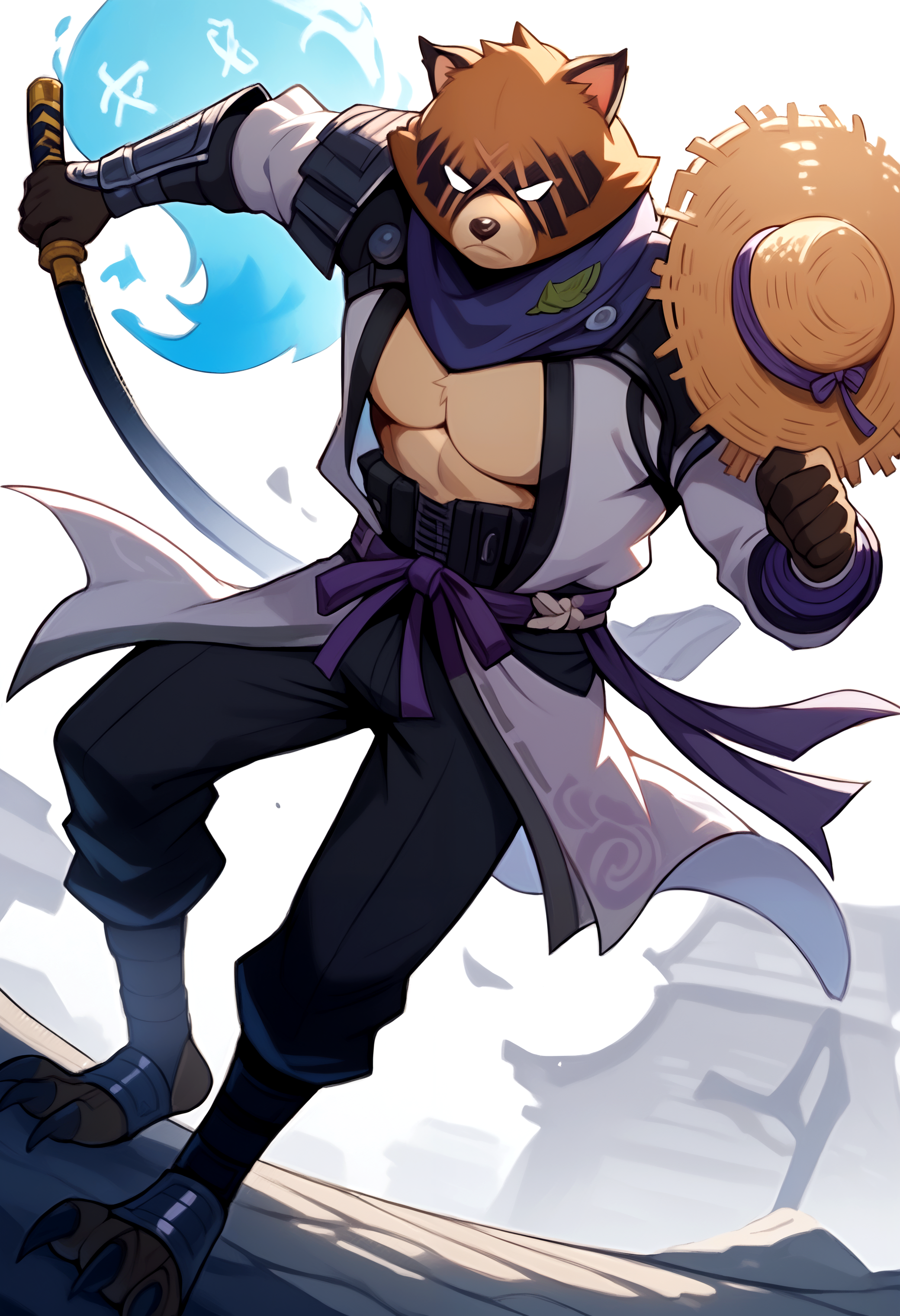 score_9, score_8_up, score_7_up, 8k, masterpiece, solo,   <lora:HajimePony-000005>, Hajime_(Fortnite), ghost form, no pupils, armor, gauntlet, japanese armor,purple japanese clothes, hadanugi dousa, purple neckerchief, bara, black pants, straw hat, holding weapon, katana attack stance,   outside,