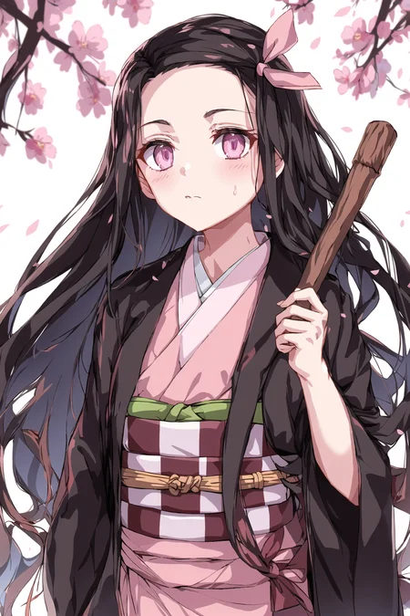 <lora:Nezuv1:0.6>, 1girl, asa no ha \(pattern\), bamboo, bamboo in hand, bit gag, black hair, brown hair, checkered, checkered obi, forehead, gag, gradient hair, hair ribbon, haori, japanese clothes, kamado nezuko, kamado tanjirou, kimono, long hair, long sleeves, multicolored hair, obi, petals, pink eyes, pink kimono, pink ribbon, ribbon, sash, solo, upper body, very long hair, white background, wide sleeves