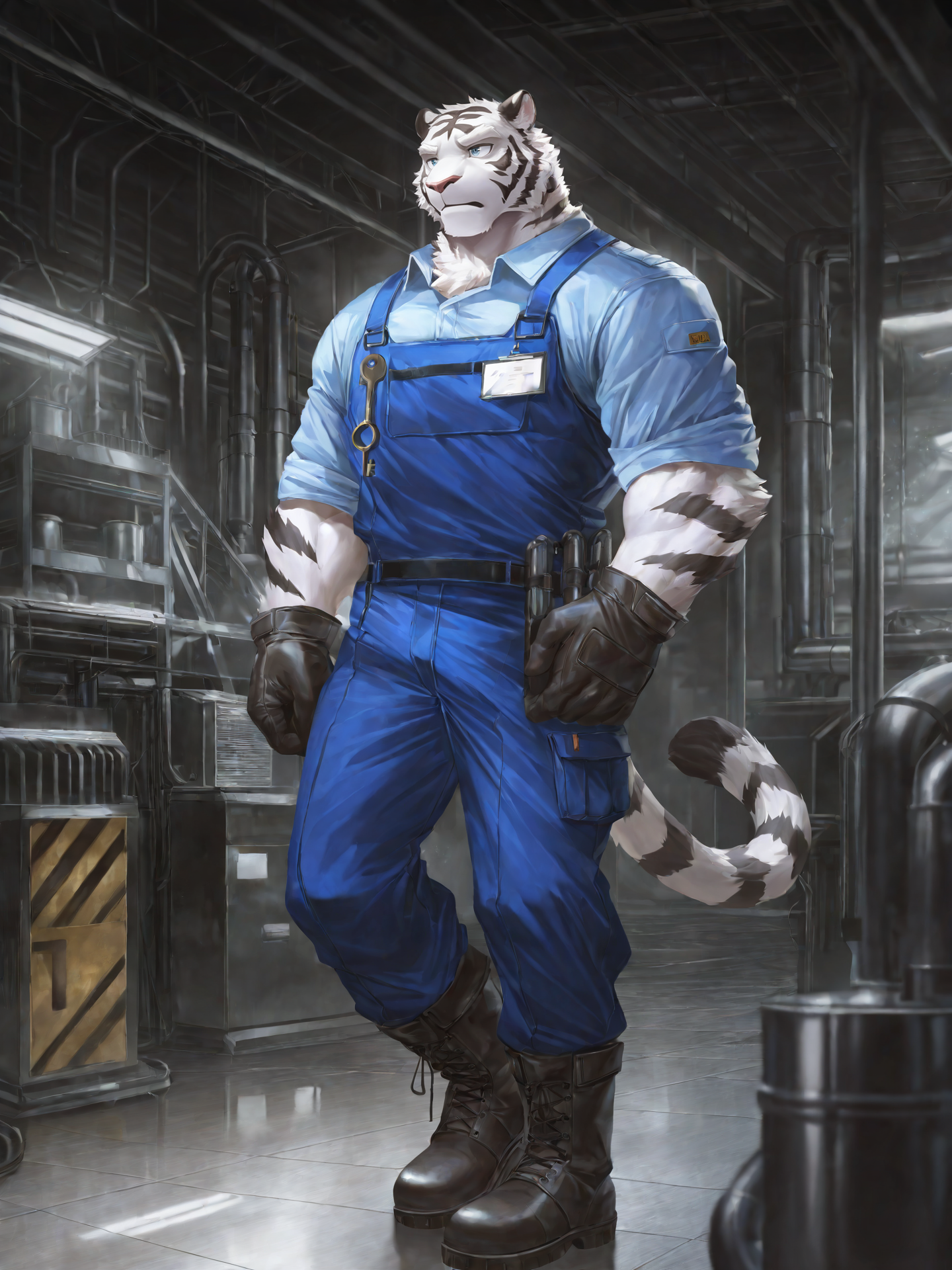 felid, tiger, by lindong, anthro, solo, male, muscular, (white eyebrows, white fur, white body:1.4), clothed, topwaer, bottomwear, footwear, handwear, (gloves), boots, worker, (factory uniforms, work wear style), detailed background, anime artwork, anime style, key visual, vibrant, studio anime, highly detailed,
 BREAK masterpiece, best quality, amazing quality, very aesthetic,highres, absurdres,