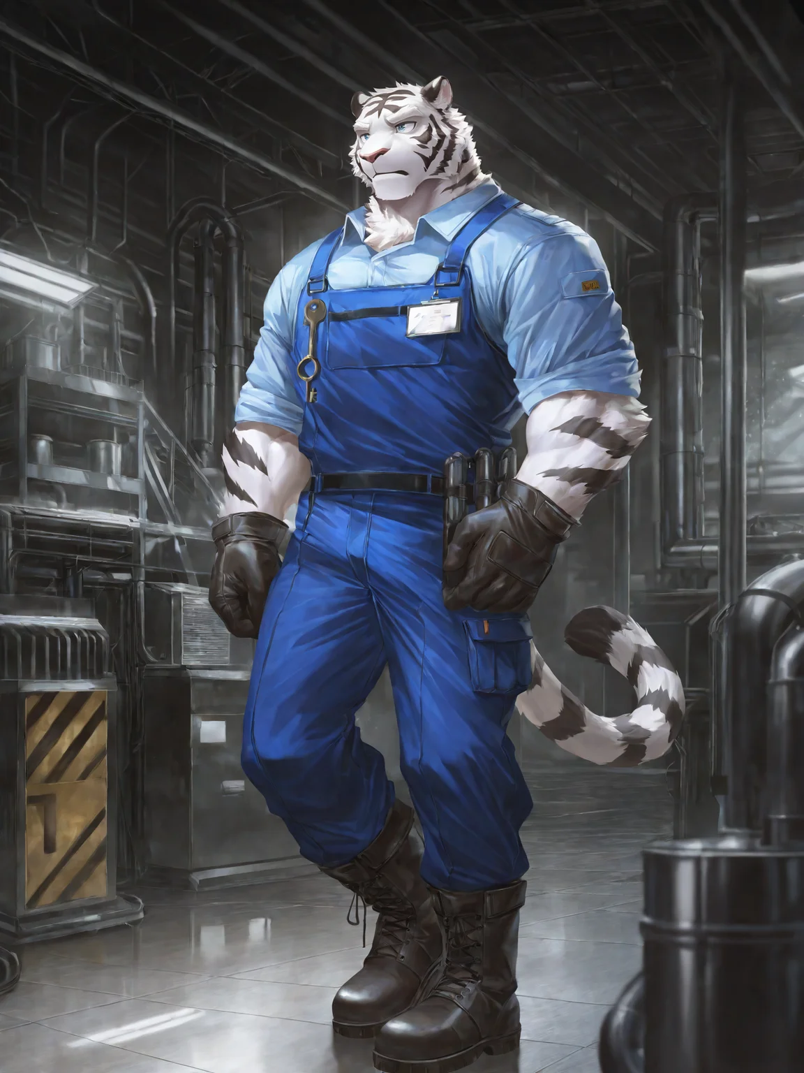 felid, tiger, by lindong, anthro, solo, male, muscular, (white eyebrows, white fur, white body:1.4), clothed, topwaer, bottomwear, footwear, handwear, (gloves), boots, worker, (factory uniforms, work wear style), detailed background, anime artwork, anime style, key visual, vibrant, studio anime, highly detailed,
BREAK masterpiece, best quality, amazing quality, very aesthetic,highres, absurdres,