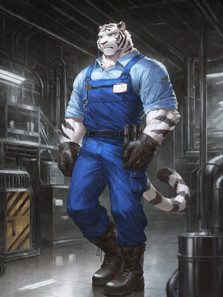felid, tiger, by lindong, anthro, solo, male, muscular, (white eyebrows, white fur, white body:1.4), clothed, topwaer, bottomwear, footwear, handwear, (gloves), boots, worker, (factory uniforms, work wear style), detailed background, anime artwork, anime style, key visual, vibrant, studio anime, highly detailed,
BREAK masterpiece, best quality, amazing quality, very aesthetic,highres, absurdres,