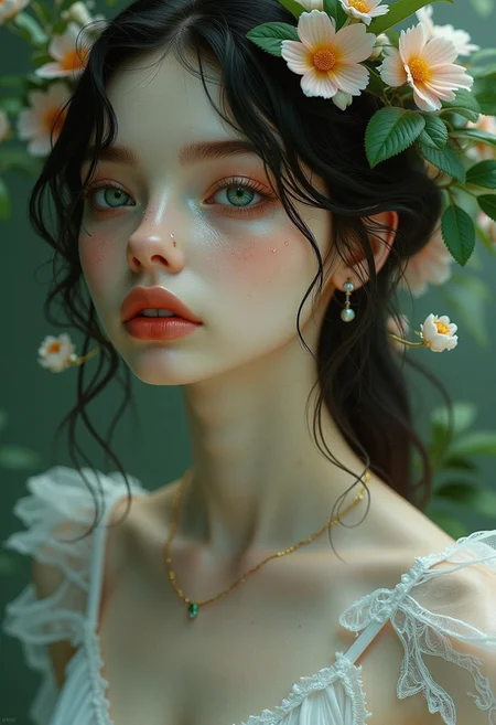 This is a highly detailed, digital artwork featuring a young woman with a surreal, ethereal quality. The artwork is rendered in a hyper-realistic, dreamlike style, blending elements of fantasy and nature. The subject is a young woman with porcelain skin and a delicate, almost ethereal appearance. She has long, dark hair cascading around her shoulders and striking, almond-shaped eyes with a soft, dreamy gaze.