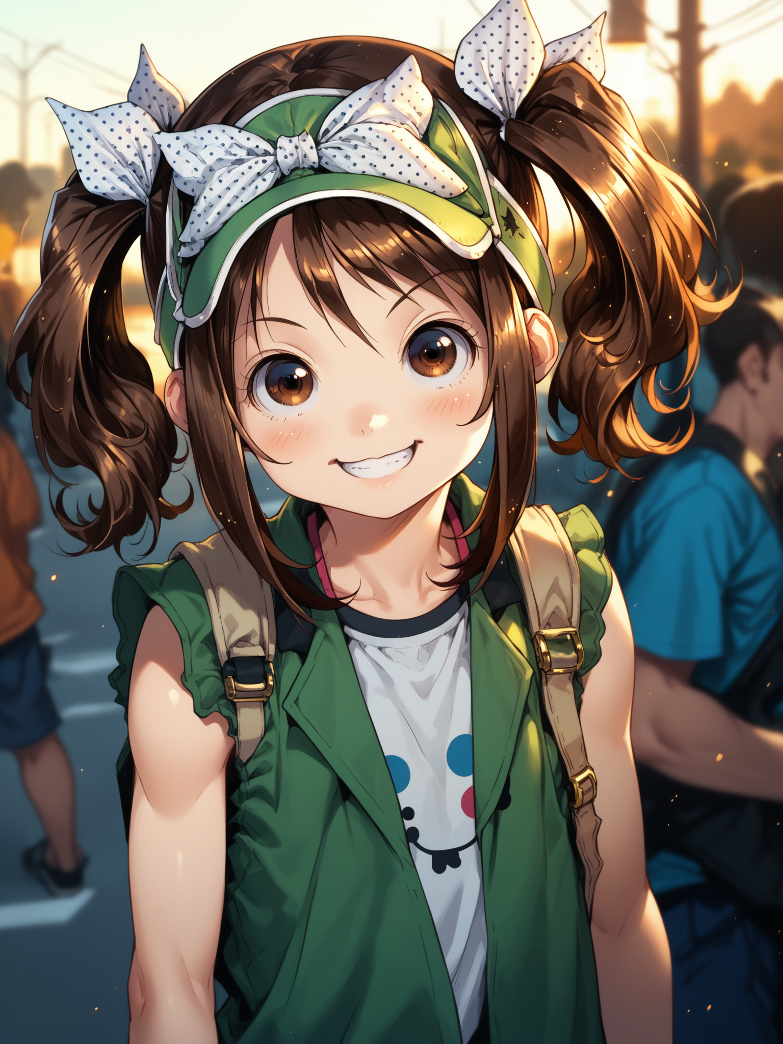 (cowboy shot, solo focus:1.2) <lora:happy_tentacle-haruka-v0.1-000032:1>, ht_haruka, brown eyes, brown hair, polka dot ribbon, visor cap, polka dot bow, bracelet (petite:1.2), <lora:Shed_The_Skin's StS_age_slider_v1_initial_release:-1.4> ( :1.1) ( , , ( :1.2) , smile , :1.1) , outdoors, vegetation, ( :1.1), , (dusk :0.6), (blue sky:0.6) , (:0.5), people , (science fiction :0.9) ( :0.8) score_9, score_8_up, score_7_up, score_6_up, score_5_up, score_4_up, ( [(realistic, photorealistic:1.3):(realistic:1.2):16] [(3d:1.2)::14] :1) <lora:LUUNA's Lunas-NijiJourney-SDXL-B2:0.35>, nijijourney <lora:prgfrg23's Counterfeit-V3.0 Style SDXL_LoRA_Pony Diffusion V6 XL:0.5> <lora:mfcg's mfcgXL:0.12> <lora:reweik's gyokai(himehajime)_PonyXL_style_v01:0.14>