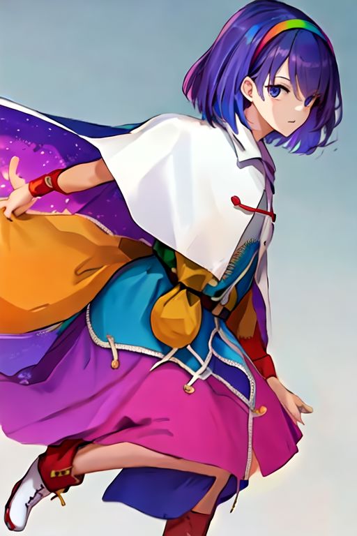 solo_focus, 1girl, ((white background, simple background)):2, (((masterpiece))), ((best quality)), ((ultra-detailed)), high resolution, absurdres, highres, ultra-detailed 8k unity wallpaper, 
Tenkyuu Chimata, multicolored hairband, multicolored dress, zipper lines (clothes), cape, cloud print, brown bag belt, pink boots,