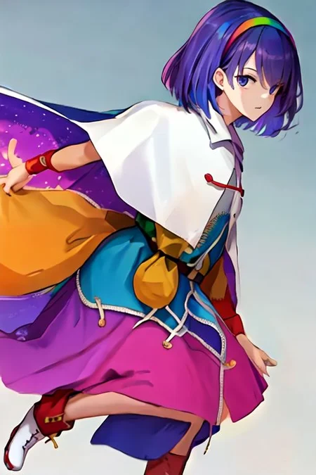 solo_focus, 1girl, ((white background, simple background)):2, (((masterpiece))), ((best quality)), ((ultra-detailed)), high resolution, absurdres, highres, ultra-detailed 8k unity wallpaper, 
Tenkyuu Chimata, multicolored hairband, multicolored dress, zipper lines (clothes), cape, cloud print, brown bag belt, pink boots,