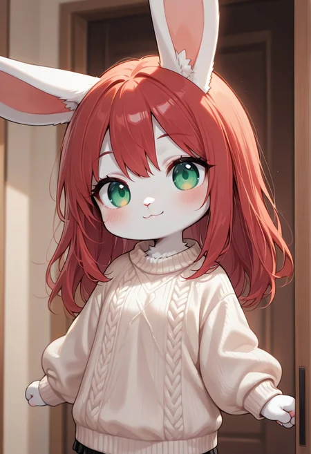 masterpiece,best quality,amazing quality, very aesthetic,
rabbit girl,furry,red hair,white rabbit ear,solo,add detailed eyes,green eyes,dressed, black roll-up sweater,happy,long hair,
chibi, solo, simple art, solid stroke,