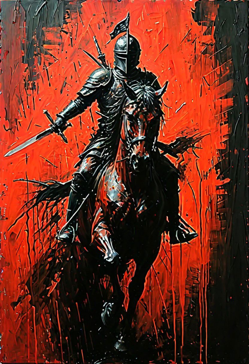 (Impressionism: 1.5), (abstract acrylic painting), red and black shades, (large strokes: 1.3), painting on canvas, filled with movement, (action packed), armored medieval warior riding a horse, (arriving: 1.5), holding sword in the hand, (looking forward), (from above: 1.3), dinamic position, (much splashes of blood and dirt: 1.3) from under the hooves, realism, modern art, abstraction, absurdity, acrylic painting on canvas, (silhouette in strokes: 1.6)
