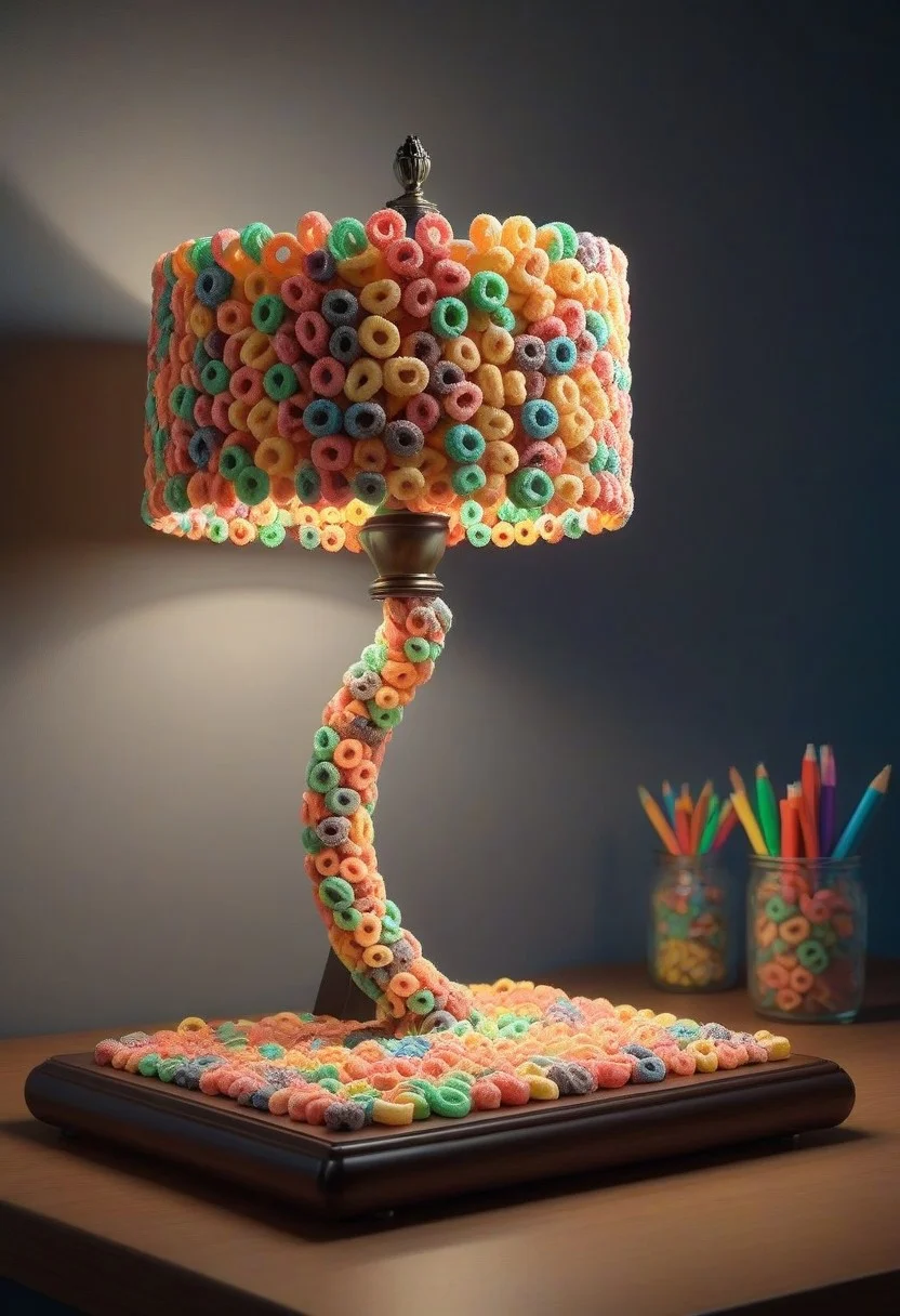 made of Fruit loops , epic picture of a desk lamp on a table, highly detailed, masterpiece, dramatic cinematic lighting, unforgettable, very intricate, high detail , photorealistic detail, ultra-realism , photorealistic, ultra detailed ,octane render, <lora:FruitLoopStyle_epoch_9:0.4>