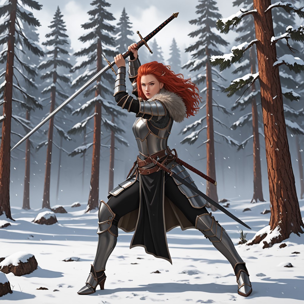 freebo_piercing, sword, sword held up defensively, high stance, side view, 1girl, realistic, armor holding sword, red hair, fur coat, winter background, pine trees