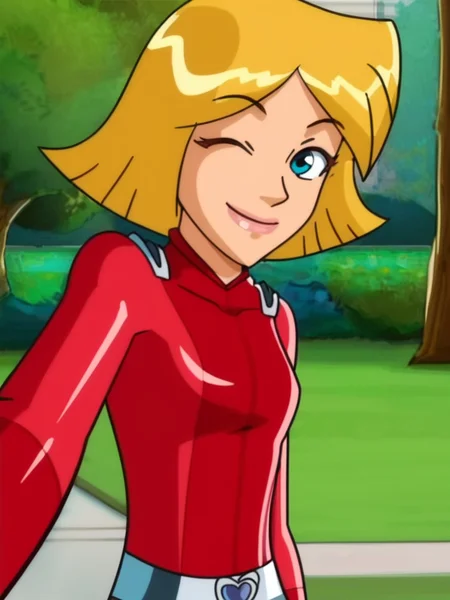 smile, selfie, v, one eye closed, head tilt, closed mouth,
leaning to the side, arched back, looking back, park, solo focus,
<lora:Totally_Spies_Clover:1>, blonde hair, short hair, bodysuit,