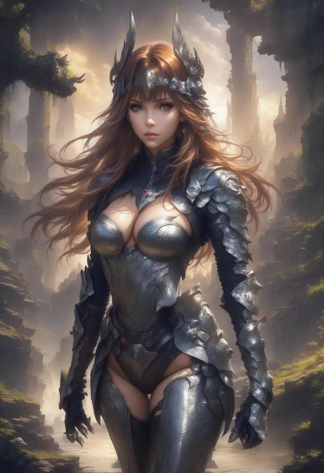 ethereal fantasy concept art of  belt [3],<lora:Anne Stokes CLIP0-000005:1>,Anne Stokes,1gir,long hair,breasts,cleavage, armored dress, fantasy art,<lora:Beeple_retrofuturism-000005:0.89>,Beeple style,retrofuturism,<lora:CB-Fantasy-000004:0.6>,Charlie Bowater, . magnificent, celestial, ethereal, painterly, epic, majestic, magical, fantasy art, cover art, dreamy