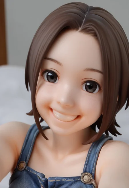 a young woman with a light complexion and a cheerful smile sit on her bed with crop-top and denim short, 1girl, looking at viewer, brown hair, portrait, smile, black eyes, grin