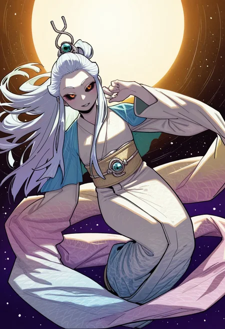 lazypos, absurdres,very aesthetic,sharp detail,intricate detail,
official art,artist:yukataro,artist:sparrowl,norakura \(nr kura\),jonpei,(zyugoya, fir3born, naga u:0.5),ireading,(krekkov:0.5),fujimoto tatsuki \(style\),
( Full body portrait, b41suzhensmt , white hair, long hair, black sclera, white skin, colored skin, hair ornament, white kimono, sash, wide sleeves  )
dynamic angle,looking at viewer,(three quarter view:0.2),
(from above:0.2),
(dutch angle:0),
close-up,
colorful,