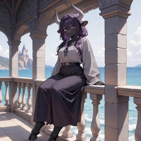 masterpiece, best quality, amazing quality, very aesthetic, solo, full body,
minotaur, furry cow,
1 girl, female focus, purple eyes, black skin, dark purple hair, pigtails, long hair, gray horns, gray robe, black skirt,
(looking at viewer:1.2), smiling, sitting on the railing,
castle balcony, sea, fantasy background, blurred background,