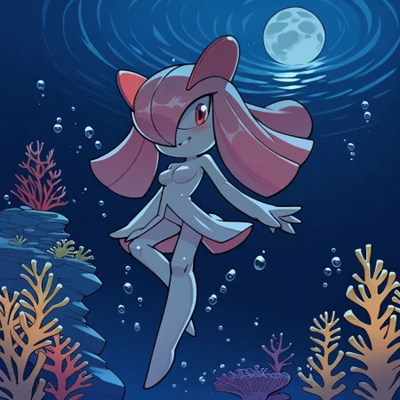 (((Kirlia))), female, anthro, pale white skin, score_9, score_8_up, score_7_up, score_6_up, evnstnly, solo, ((magenta hair)), small smile, big breasts, red eyes, underwater, night, flat colors, 2D, floating, white legs, blush, coral reef, moon