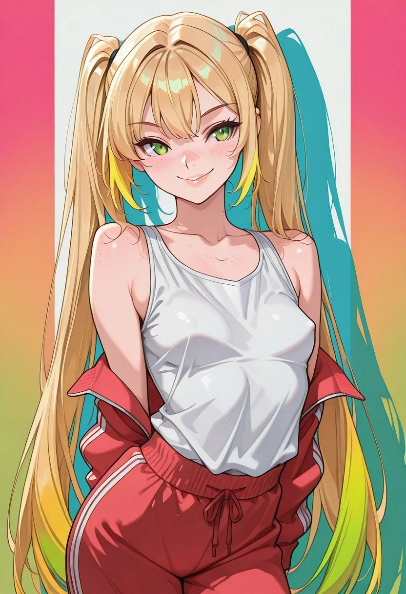 masterpiece, best quality, 32k, high resolution, absurdres, girl,
skindentation, d41z3n, Lizzie, LizzieRH, Adult girl, blonde hair, twin tails, very long hair, hair_between_eyes, colorful highlights, green eyes, freckles, small mouth, cute full lips, slim, small breasts, fit, track suit pants, loose tank top, side boobs, nipple peek, dynamic pose, multicolour background, flat colors, bold lines, grainy, smiling, posing sexy, sporty, dynamic, shadow