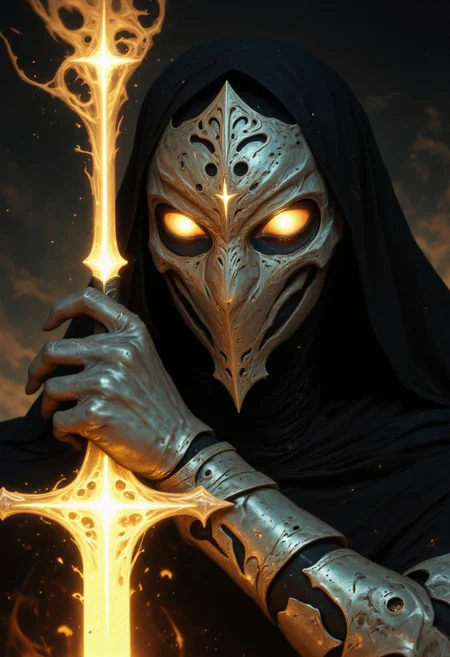 An extreme close-up of the nun’s face, framed by the intense, gritty realism of an old analog camera. The mechanical hknuns nun wears a detailed, ancient silver mask, its surface weathered and battle-scarred, yet intricately adorned with delicate engravings. The mask reflects the faint glow of divine energy, with radiant golden and white light flickering across its surface, highlighting every crevice and contour. Light shimmers and dances along the metallic surface, casting sharp contrasts between the glowing highlights and the deep shadows that fill the engraved details.
The eyes of the mask are hollow and eerie, yet there’s an ethereal light faintly pulsing from within, suggesting a divine power concealed behind the cold steel. Around her, the chaotic swirl of a dense, raging sandstorm blurs the edges of the image, creating an atmosphere of both serenity and violence. The violent storm is reflected in the shiny mask, capturing the dark, swirling sands while beams of holy light flicker from her weapon, illuminating her haunting presence in the middle of the storm.