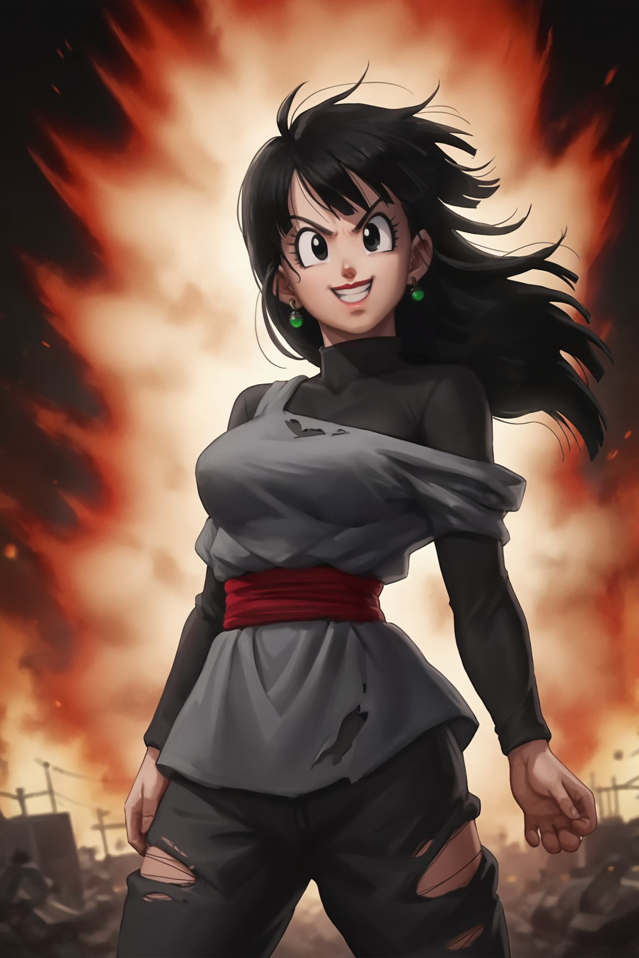 source_anime, score_9, score_8_up, score_7_up, anime screencap, absurdres, official style,
chi-chi black, hair down, long hair. 1girl, solo, black hair, bangs, black eyes, eyelashes, open mouth, smile, potara earrings, dougi, black topwear, black undershirt, black pants, long sleeves, turtleneck, 
looking at viewer, arms by side, wind lift,  cowboy shot, v-shaped eyebrows, head tilt, teeth, medium breasts, lipstick, off shoulder, torn clothes, 
night sky, destruction, ruined city, smoke, fire, red theme
 <lora:chichiDBS_pony_v1:0.8>