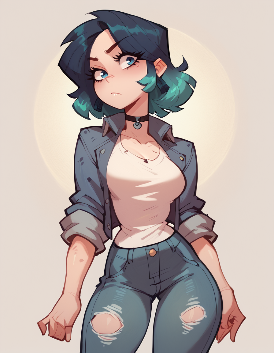 <lora:OC_Rae_Character_LoRA_PonyXL:1>
score_9, score_8_up, score_7_up, score_6_up, 1girl, BREAK,
 Ra3lyn, heavily stylized,  gradient hair, 
denim jacket, ripped jeans, face, card background  zPDXL <lora:PonyXL_Teelokay_Style_LoRA:0.8>