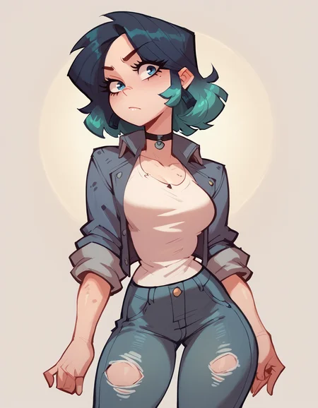 <lora:OC_Rae_Character_LoRA_PonyXL:1>
score_9, score_8_up, score_7_up, score_6_up, 1girl, BREAK,
Ra3lyn, heavily stylized, gradient hair,
denim jacket, ripped jeans, face, card background zPDXL <lora:PonyXL_Teelokay_Style_LoRA:0.8>