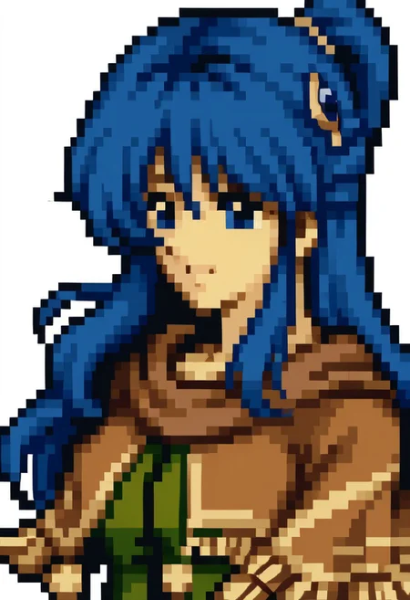 score_9, score_8_up, score_7_up, source_anime, 1girl, solo, smile,
<lora:zs_FE4PortraitsXL:1> fe4portraits, portrait, pixel art, white background
<lora:ystia-pdxl-nvwls-v1-000005:1> ystia, blue hair, long hair, ponytail, blue eyes, hair ornament, brown capelet, brown scarf, green and brown dress