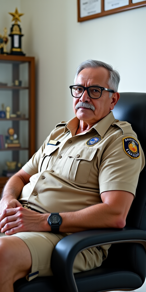 The image is a photograph of an older man with a muscular build, taken indoors. He is very handsome with a prominent mustache and glasses. The man has a stern expression on his face, with slightly furrowed eyebrows, a very handsome malay grandfather, who is lusty and a gangbang anal-whore. He is wearing only a tiny thin low-rise g-string which reveals his muscular arms, shoulders extremely beefy pectorals, stocky muscular gut and hairy torso and hairy pubic hair. This photograph features a man seated in a modern, black leather armchair with a cushioned seat. He is dressed in unbuttoned beige police uniform, which includes a short-sleeved shirt with several pockets and a distinctive emblem on the left shoulder. The uniform also has a badge and various insignia on the chest. The man has short, greying old man grandfather dark hair and is seated comfortably with his hands tied behind, with his arms tied behind.

The background of the image shows a clean, well-lit room with white walls and polished, light-colored flooring. To the left, there is a glass display case or cabinet containing trophies or awards on a wooden shelf. The room also features a framed picture on the wall above the man, which appears to be a certificate or a piece of artwork, though it's not fully visible. The overall setting suggests a professional or official environment, possibly an office or a police station. The lighting in the room is bright, indicating it's daytime, and the overall atmosphere is clean and organized. The man's attire and the setting imply he is a police officer, possibly in a supervisory or administrative role. but emphasize on his G-string which is very tiny very tight, very low-rise and he have very thick hairy pubic hair, and showing off his muscular gut and beefy strong pectorals hairy malay body.

<lora:FLUX1/Self Trained/malay 001.safetensors:1.0>, <lora:FLUX1/Self Trained/malay male 002.safetensors:1.0>, <lora:FLUX1/Self Trained/malay male 003.safetensors:1.0>, 
<lora:FLUX1/G-String-Flux_r1-000017.safetensors:2.1>, <lora:FLUX1/Hands_tied_behind_back_FLUX-000008.safetensors:1.0>, 