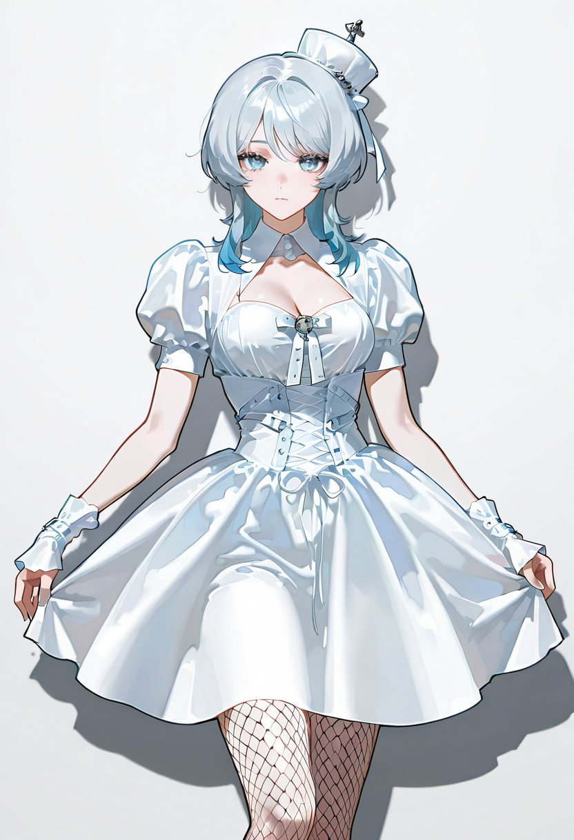 1girl,solo,looking at viewer, echo (circa),mg dress, white dress, puffy short sleeves, fishnet pantyhose, faust_(project_moon)