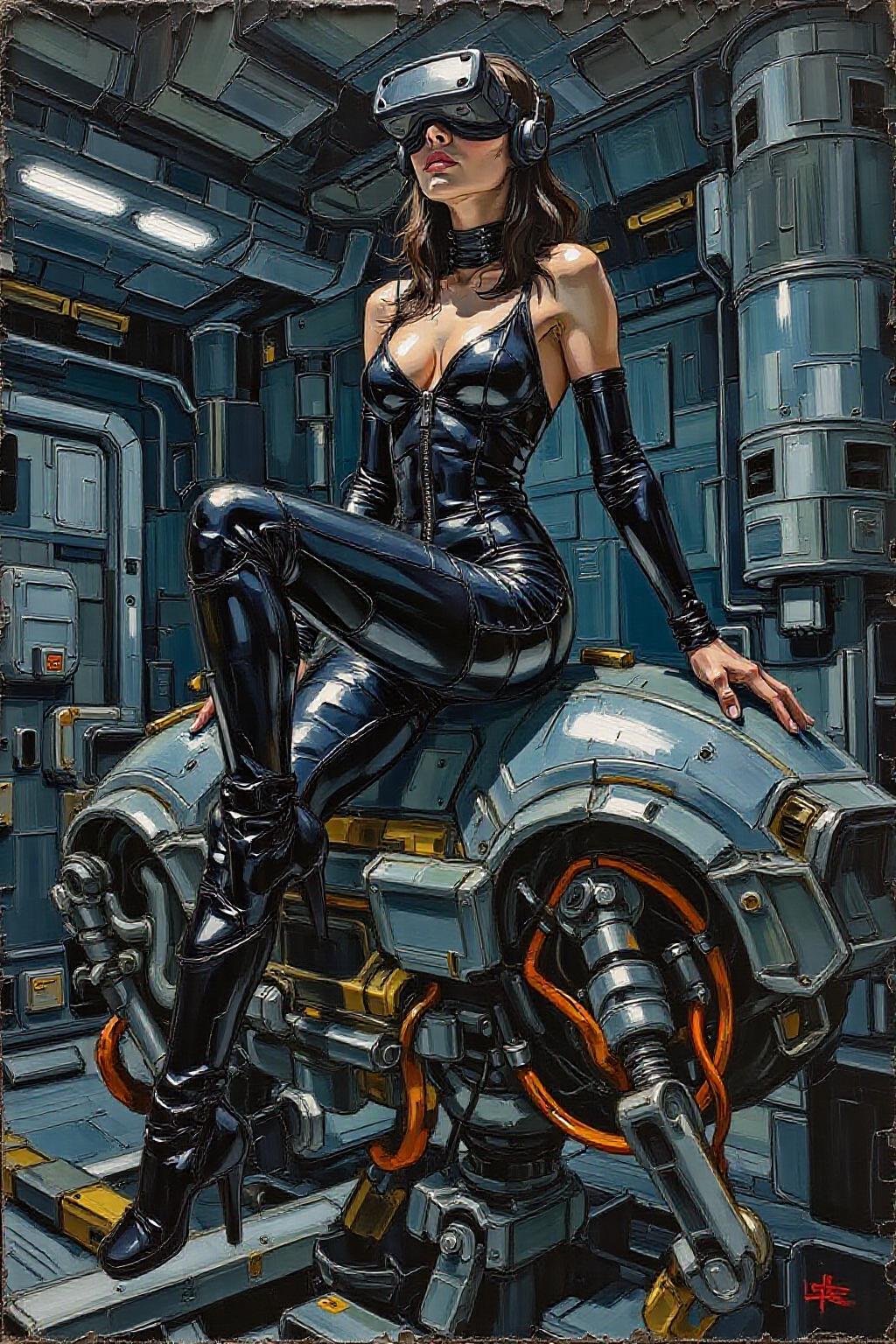 impasto oil painting. 
A striking, futuristic scene depicts a woman dressed in sleek, form-fitting leather attire, sitting confidently atop an open power suit, inspired by the cyberpunk aesthetics of Masamune Shirow. The power suit, a blend of advanced technology and military-grade armor, features intricate mechanical details, exposed wiring, and a robust, yet streamlined design. The woman, wearing a cutting-edge VR headset, exudes a sense of control and mastery over the machine beneath her. Her posture is relaxed yet commanding, with one hand resting on the suit’s metallic surface and the other casually holding a piece of advanced tech. The background is a high-tech industrial setting, with dim lighting that casts dramatic shadows, highlighting the fusion of human and machine. The overall atmosphere is one of futuristic coolness and cybernetic elegance, capturing the essence of Shirow’s iconic  <lora:impasto_nocap_d6a3:1.0> <lora:Flux-Sch-SingleBlocks-BF16:1.0><lora:802459320362024391:0>