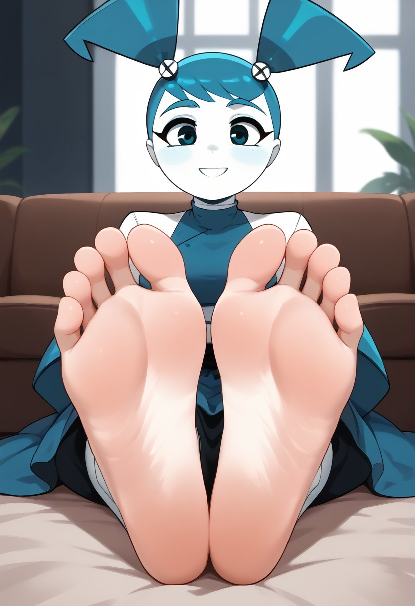 score_9, score_8_up, score_7_up, score_6_up, score_5_up, score_4_up, source_anime, BREAK, (masterpiece:1.4), (best quality:1.2), expressive eyes, perfect face, perfect anatomy, accurate anatomy, perfect feet, perfect soles, 1 girls, feet, soles, toes, foot focus, front view, smile, cute expression, clean feet, sitting, hands on ground, showing feet, barefoot, PONYXL_WaifuFeetPics_ownwaifu, feet, Jenny wakeman, white skin, blue hair, blue skirt, blue top, robot girl