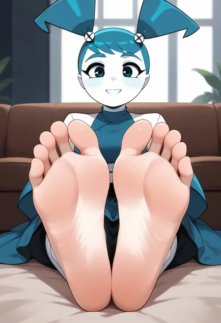 score_9, score_8_up, score_7_up, score_6_up, score_5_up, score_4_up, source_anime, BREAK, (masterpiece:1.4), (best quality:1.2), expressive eyes, perfect face, perfect anatomy, accurate anatomy, perfect feet, perfect soles, 1 girls, feet, soles, toes, foot focus, front view, smile, cute expression, clean feet, sitting, hands on ground, showing feet, barefoot, PONYXL_WaifuFeetPics_ownwaifu, feet, Jenny wakeman, white skin, blue hair, blue skirt, blue top, robot girl