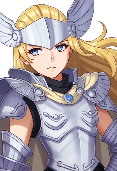 score_9, score_8_up, score_7_up, source_anime BREAK 1girl, solo,
<lora:zs_EngagePortraitsXL:1> engageportraits, portrait, white background
 <lora:zs_ArianrhodXL:1> arianrhodsmt, long hair, blonde hair, blue eyes, white leotard, armor, gauntlets, helmet, cape, boots, plain background
