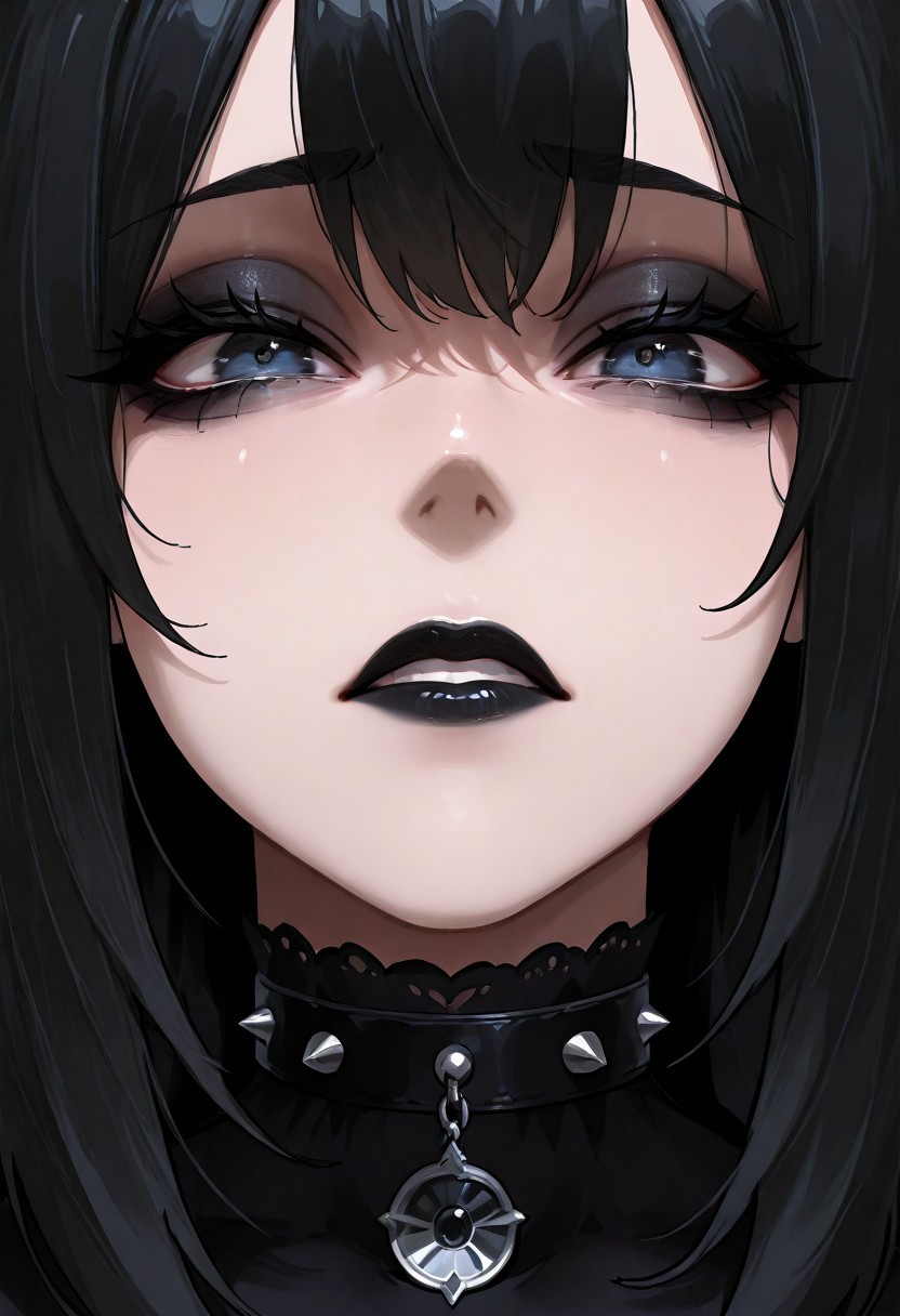 masterpiece,best quality,amazing quality,absurdres,Enchanting Eyes,1girl, Gothic, ultra close up, portrait, ((disgusted, cringing, eye contact)), looking at viewer, frontal view,black lipstick, black eyeshadow, black mascara, long hair, black hair, black spiked choker, 