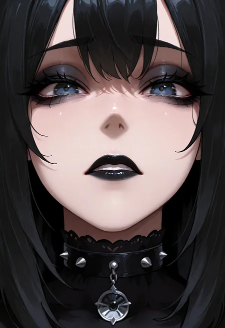 masterpiece,best quality,amazing quality,absurdres,Enchanting Eyes,1girl, Gothic, ultra close up, portrait, ((disgusted, cringing, eye contact)), looking at viewer, frontal view,black lipstick, black eyeshadow, black mascara, long hair, black hair, black spiked choker,