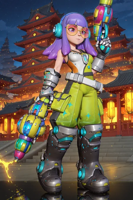 anime screencap, anime coloring, detailed face, masterpiece, best quality, very aesthetic, absurdres, volumetric lighting, official style, amazing quality, ultra detailed, highres, amazing quality, scenery, beautiful detailed hair, beautiful detailed eyes,
<lora:StS-Illustrious-Detail-Slider-v1.0:4>
outside, architecture,
<lora:Sindri_T3_Arena:1>
Sindri (character), 1girl, weapon, headphones, purple hair, energy gun, boots, breasts, holding weapon, solo, full body, gloves, ray gun, tinted eyewear, blunt bangs, gun