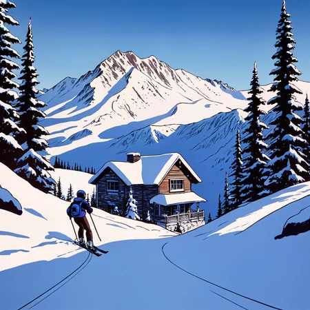 anime artwork of  <lora:perfection style:0.5> <lora:detailed:0.5> perfection detailed
 <lora:The Shining film style:0.9> In cartoon
In the 1980's in the Colorado Rocky Mountains a person skiing down a snowy mountain with a house in the background,monochrome,outdoors,sky,tree,no humans,blue background,traditional media,nature,scenery,snow,forest,blue theme,pine tree , cinematic, film, kodak, The Shining film style, anime style, key visual, vibrant, studio anime,  highly detailed