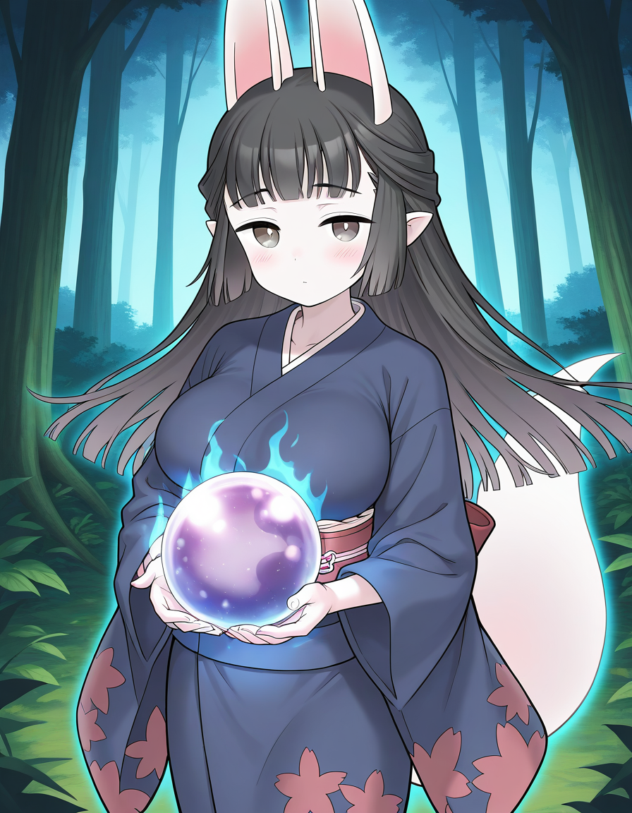general,highres, ultra-detailed,very aesthetic,best quality ,best hands,  BREAK <lora:Hasaha_IS:1.1> Hasaha, animal ears, black hair, brown eyes, pointy ears,  white tail, large breasts,
 long hair, crystal ball, orb, white background, simple background, blush, holding, looking at viewer, cowboy_Shot,
forest, aura,