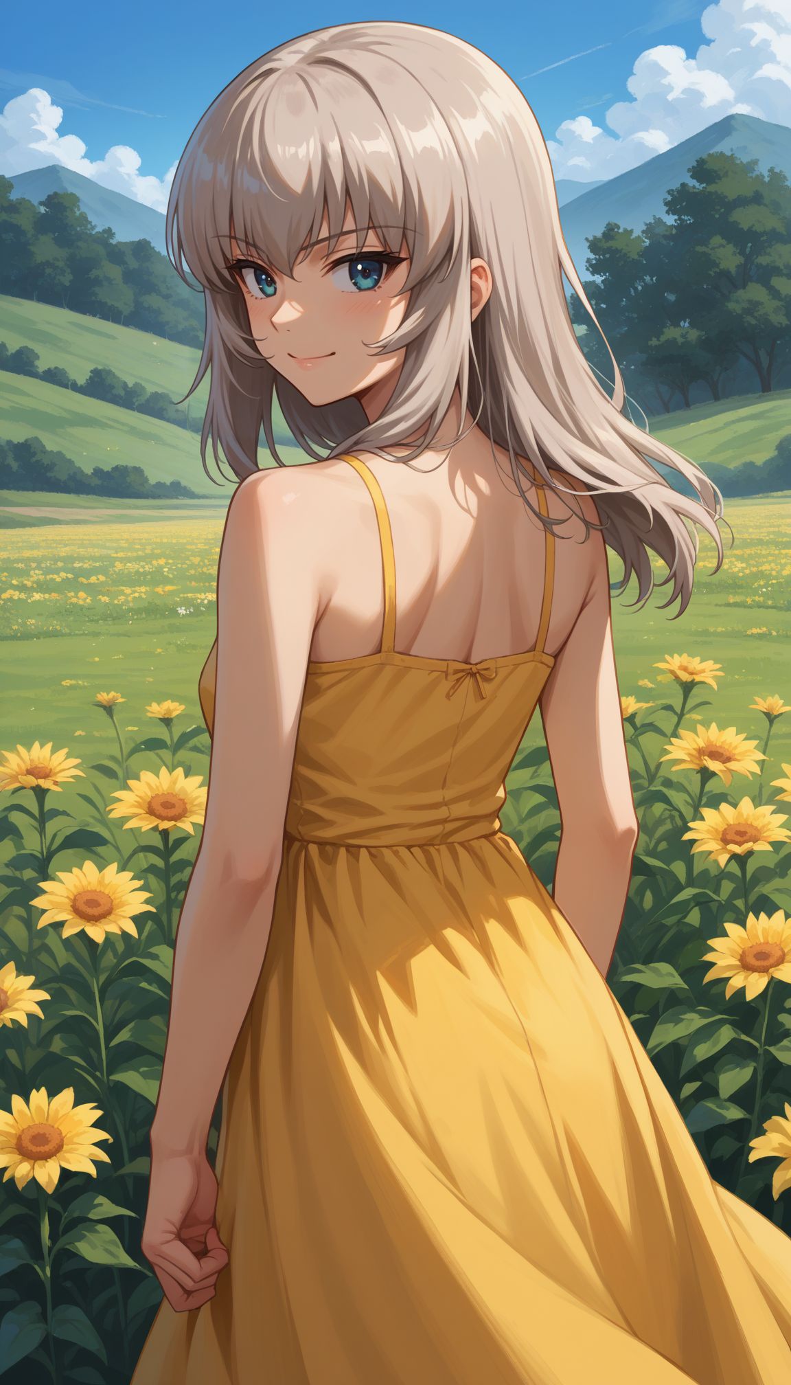 score_9, score_8_up, score_7_up, score_6_up, score_5_up, score_4_up, source_anime, 
 <lora:GUPErika:1> AAErika, 1girl, itsumi erika, blue eyes, grey hair, long hair, from behind, solo, 1girl, smile, looking back, , yellow sundress, bare shoulders, outdoors, flower field