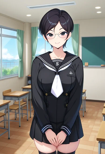 masterpiece, best quality, amazing quality, absurdres, 1girl, solo, cowboy shot, rikoww, black eyes, black hair, short hair, asymmetrical bangs, glasses, large breasts, school uniform, black serafuku, black sailor collar, white neckerchief, black shirt, long sleeves, black pleated skirt, black kneehighs, loafers, looking at viewer, smile, indoors, day, skindentation, detailed clothing folds, depth of field, sharp, high contrast, dynamic light <lora:Suwabe_Riko_Shinsou_Noise_ill:0.8>