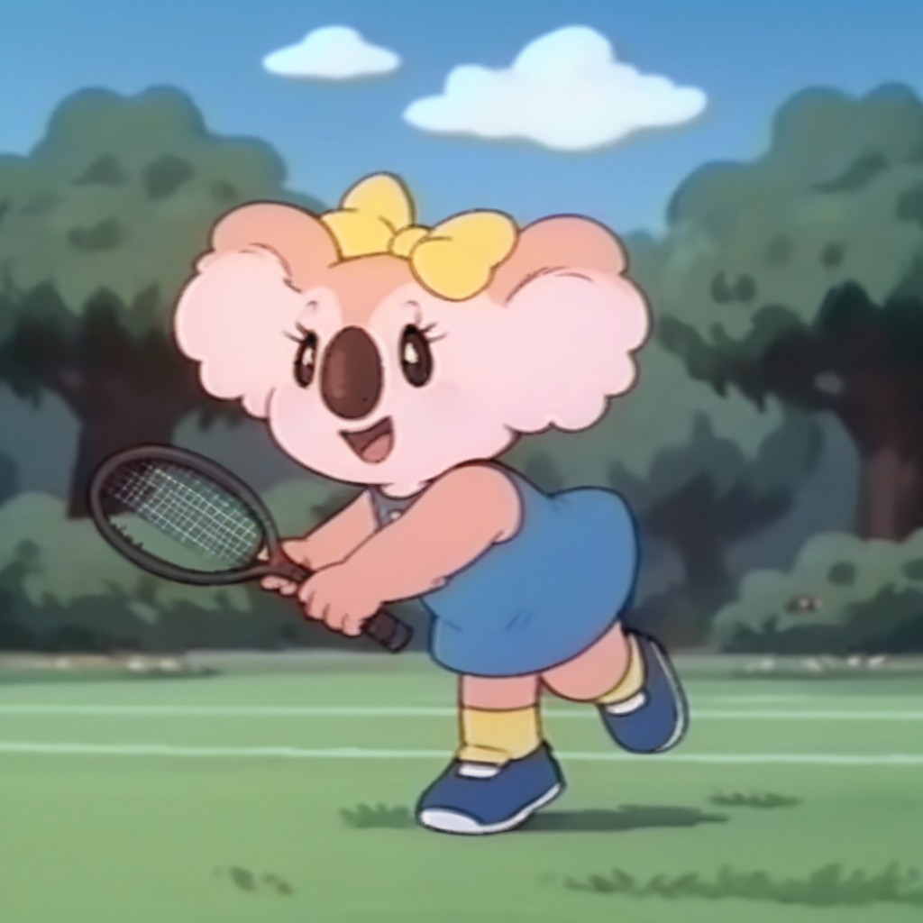 score_9, score_8_up, score_7_up, score_6_up, score_5_up, score_4_up, source_furry, Laurakoala, semi-anthro, female, koala, peach fur, blue dress, yellow bow, yellow socks, blue shoes, tennis