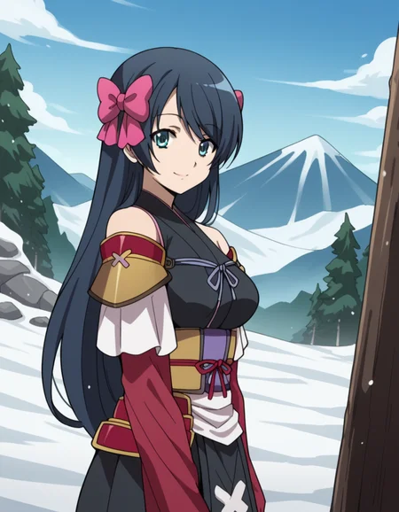 score_9, score_8_up, score_7_up, source_anime, <lora:nagahide-niwa-s1-ponyxl-lora-nochekaiser:1>, nagahide niwa, long hair, blue eyes, black hair, hair bow, aqua eyes, medium breasts, japanese clothes, armor, japanese armor, bare shoulders, shoulder armor, detached sleeves,, mountain, rock, height, snow, trees, smile, from side, looking at viewer, solo,, dutch angle, cowboy shot