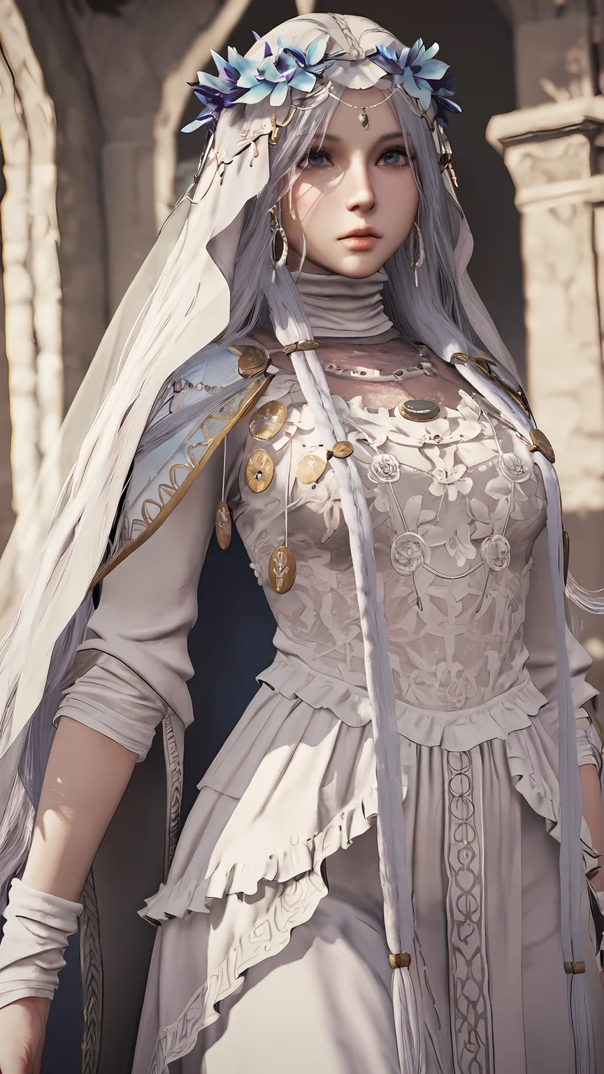 amazing quality,absurdres,best quality,masterpiece,highres,newest,detailed,detailed body,detailed face,masterpiece,best quality,solo,
nightreign-revenant,1girl,veil,solo,dress,long hair,white dress,3d,realistic, <lora:elden ring nightreign 復è®è
:0.8>,