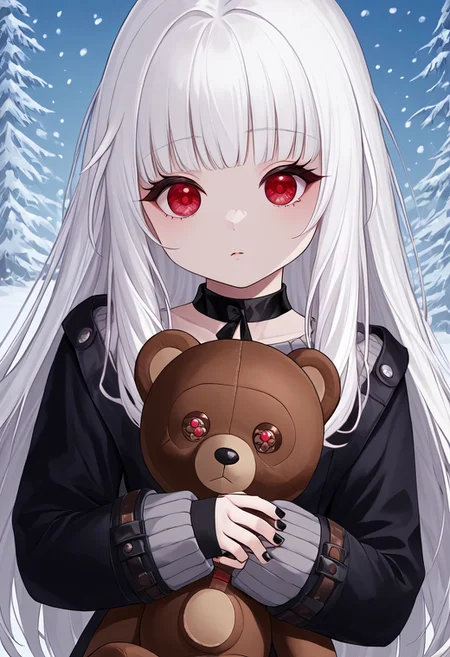 (((white very long hair)))
(((Bangs)))
((Red eyes))
((Detailed eyes))
((Expressionless))
((Small breasts))
((Black winter clothes))
((Choker))
((Black nail polish))
((Snow background))
((Looking at viewer))
((Short stature))
((Ribbon))
((Vampire girl))
((Jewelry))
((Cross colar))
(((Hugging a Teddy bear)))