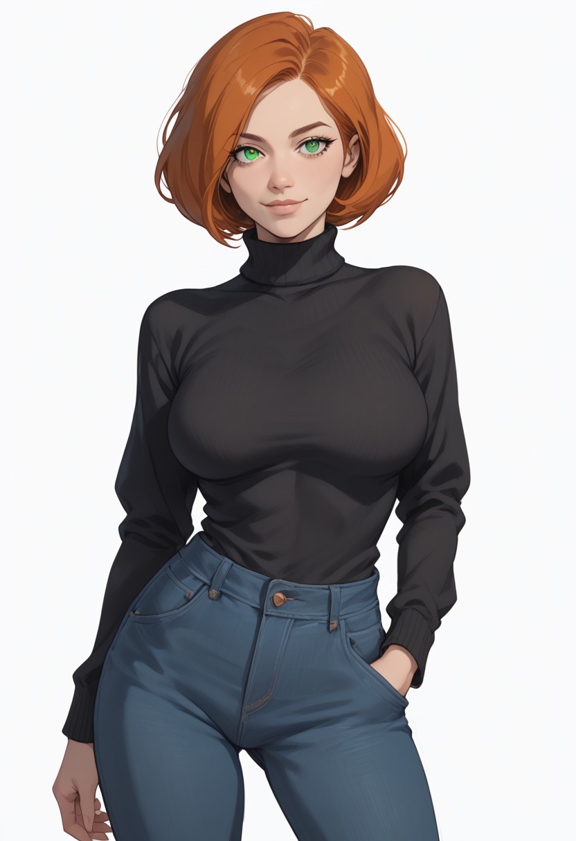 score_9, score_8_up, score_8, score_7_up, score_7,  Expressiveh, cowboy shot
BREAK
1girl, solo, annpossible, orange hair, short hair, green eyes, large breasts, looking at viewer, head tilt, seductive look, aroused, horny, standing, black turtleneck sweater, blue jeans, hands in pocket, light smile
BREAK
white background