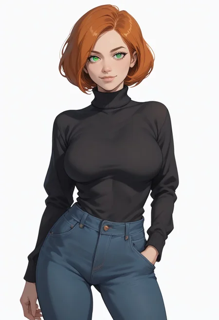 score_9, score_8_up, score_8, score_7_up, score_7, Expressiveh, cowboy shot
BREAK
1girl, solo, annpossible, orange hair, short hair, green eyes, large breasts, looking at viewer, head tilt, seductive look, aroused, horny, standing, black turtleneck sweater, blue jeans, hands in pocket, light smile
BREAK
white background