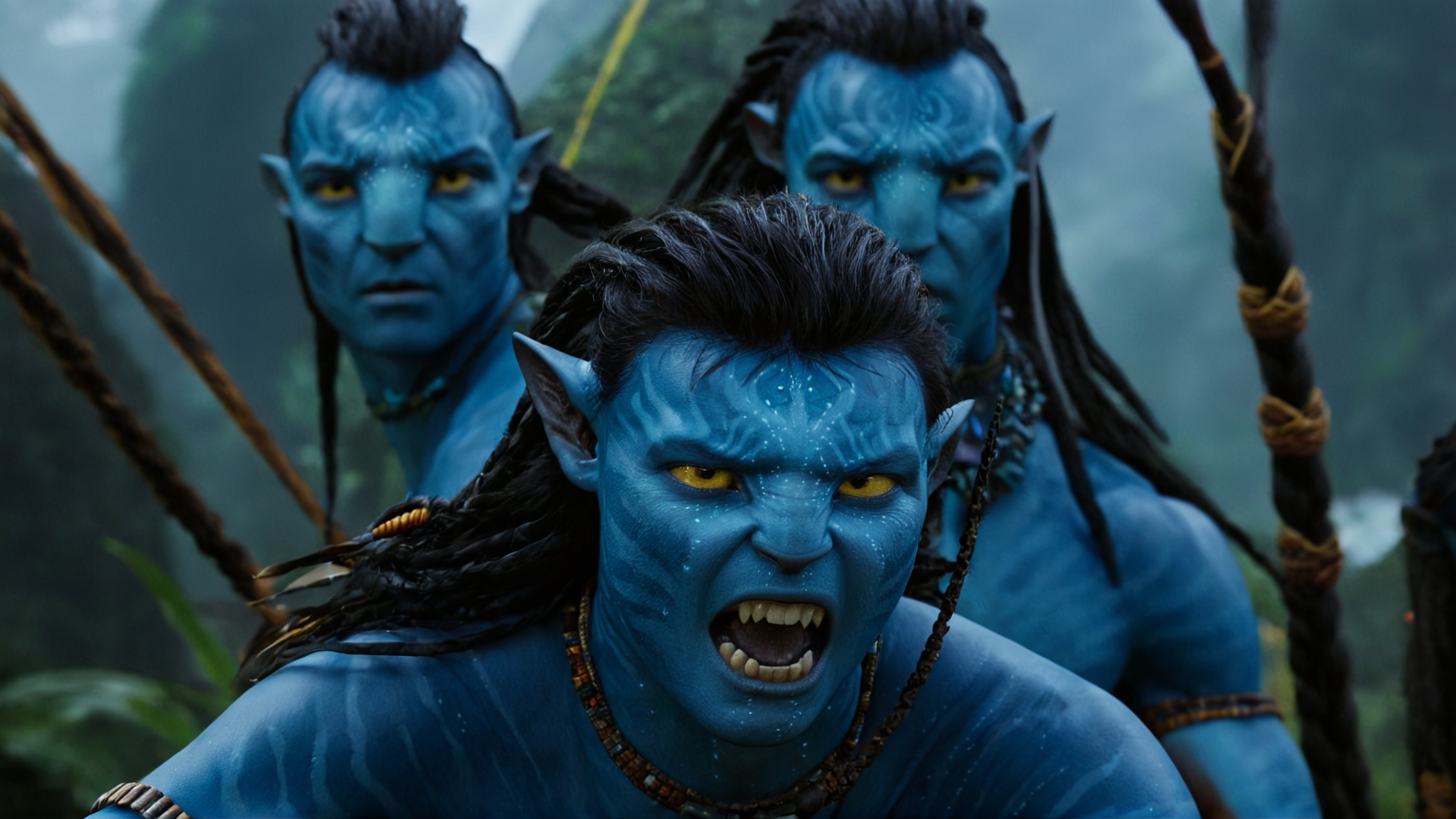 cinematic film still of <lora:add-detail-xl:0.1>1
<lora:detailed:0.2>
<lora:perfection style:0.2>
<lora:eyetune:0.5>
<lora:xl_more_art-full_v1:0.3>
<lora:Ron Fricke style:0.3>
<lora:Unreal Engine style:0.2>
<lora:TeethXL:1>
<lora:Chiaroscuro Lighting Style:0.3>
 <lora:avatar style:0.9>
In 2154 on planet Pandora Navi blue skin indigenous species a screaming angry man with blue paint on his face and a necklace,na'vi,solo,long hair,looking at viewer,open mouth,black hair,1boy,jewelry,male focus,teeth,necklace,colored skin,fangs,scar,sharp teeth,portrait,realistic,blue skin , action, sci-fi, science fiction,  movie themed, sharp, detailed, epic cinematic photography, artistic, creative, dramatic light, cinematic color style, Kodak film style, 8k resolution, avatar style, shallow depth of field, vignette, highly detailed, high budget, bokeh, cinemascope, moody, epic, gorgeous, film grain, grainy