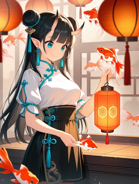 1girl, solo, long hair, blue eyes, black hair, aqua eyes, happy, closed mouth,medium breasts, hair bun, double bun, horns,blunt bangs, looking at object, looking at lantern, holding lantern,bend over, shirt, skirt, long sleeves, ribbon, jewelry, white shirt, short sleeves, earrings, pointy ears, black skirt, puffy short sleeves, chinese clothes, tassel, lantern, tassel earrings, paper lantern, goldfish, tassel hair ornament, koi, flying fishï¼, Blurred foreground,depth of field, cowboy shot, 
,masterpiece,best quality,amazing quality,