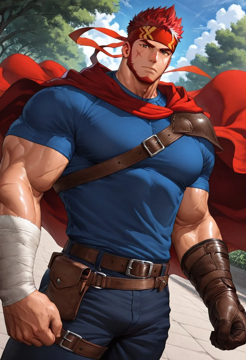 m1x3dstyl3,semi realistic,ryuugendrake,very awa,masterpiece,best quality,absurdres,newest,perfect quality,detailed background,intricate details,muscular ,bara,bodybuider,1 boy,detailed face,handsome,large pectoral,facial hai,outdoor,serious face,puffy pectoral,puffy muscle,large pectoral,Red hair, facial hair, eye scar,2 toned hair,blue shirt,left leather glove,right hand bandage,red cape,belt ,standing,detailed background,headband,dynamic angle,dynamic pose,detailed,perfectly drawn eyes,perfectly drawn face