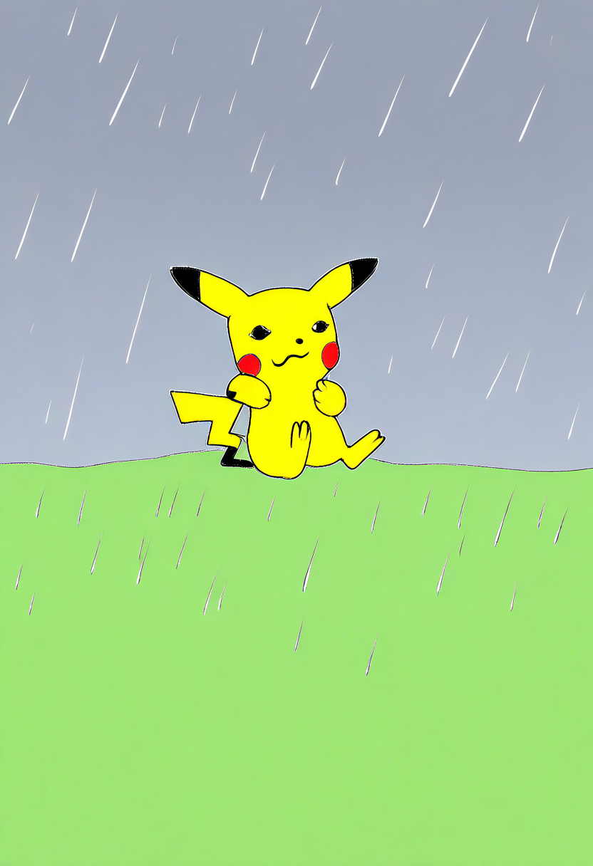 masterpiece,  very aesthetic, sbhj, bad quality, worst quality, worst detail, 1boy, solo, pikachu, pokemon (creature), sad, crying, rain, sitting, field, close up