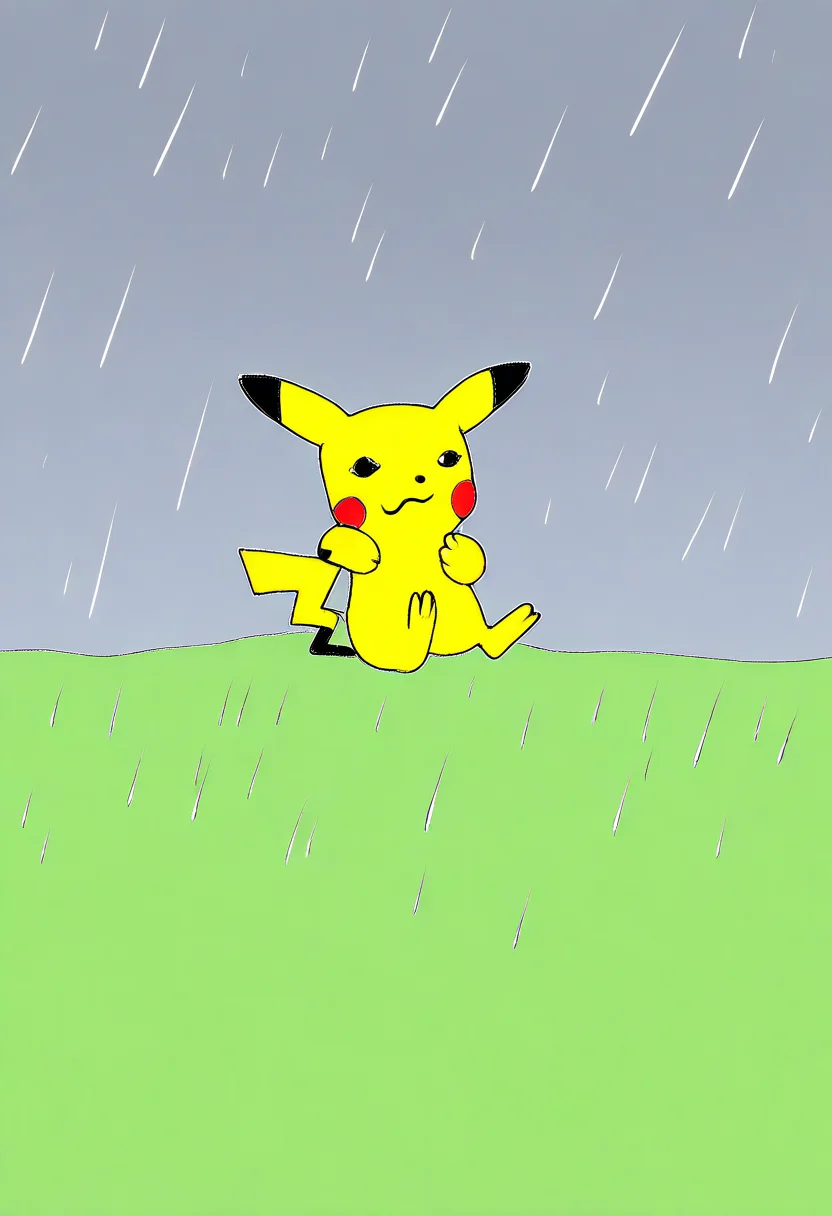 masterpiece, very aesthetic, sbhj, bad quality, worst quality, worst detail, 1boy, solo, pikachu, pokemon (creature), sad, crying, rain, sitting, field, close up