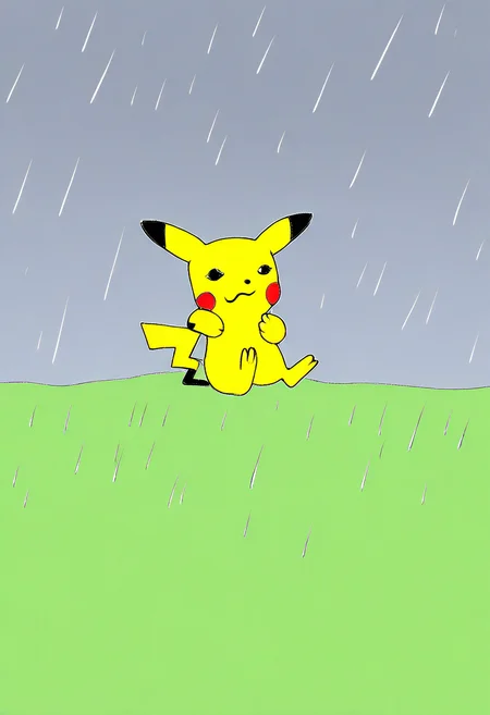 masterpiece, very aesthetic, sbhj, bad quality, worst quality, worst detail, 1boy, solo, pikachu, pokemon (creature), sad, crying, rain, sitting, field, close up